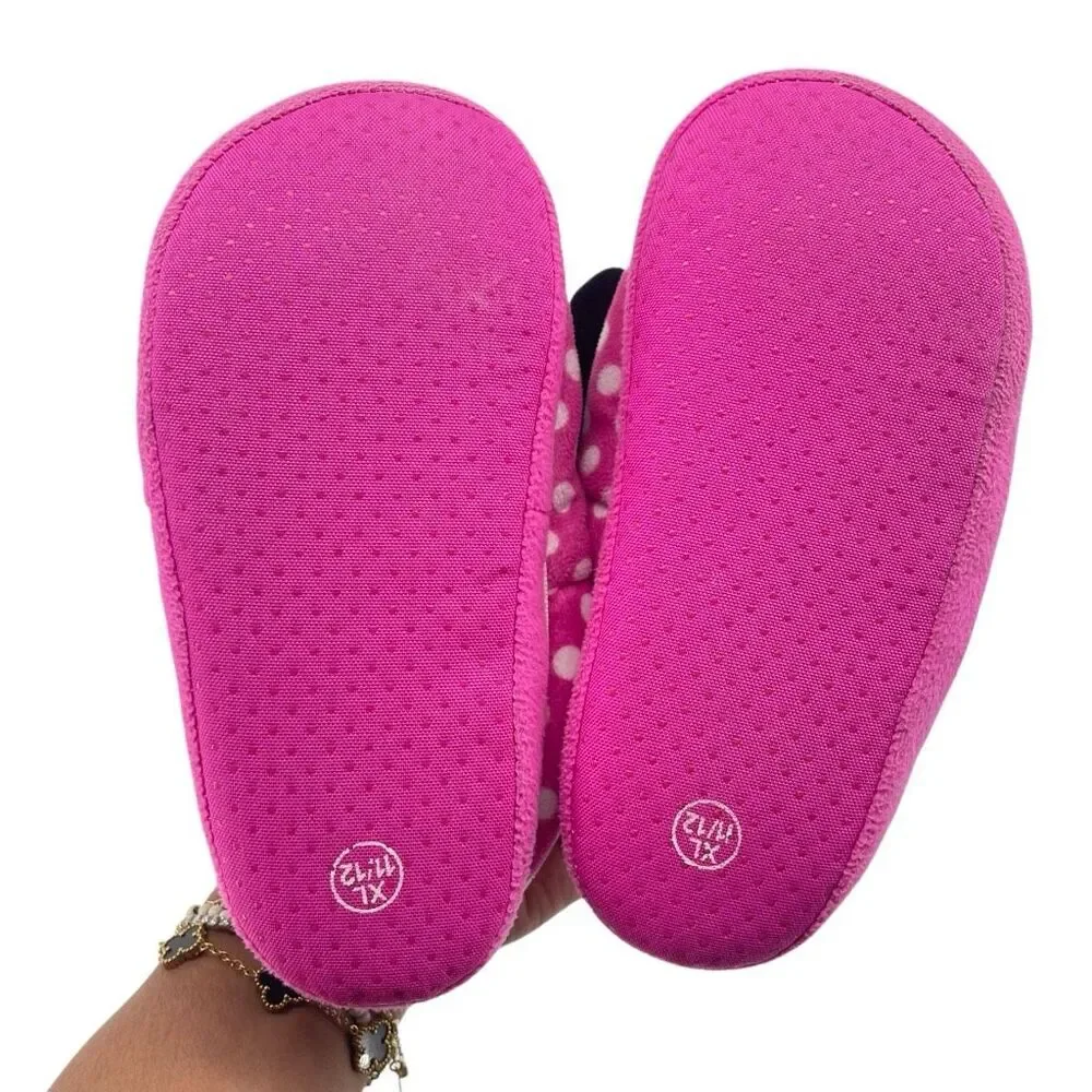 Disney Minnie Mouse Girls Pink Polka Dot Sequin Plush Slippers XL 11/12